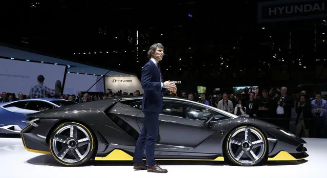 Stephan Winkelmann, President and CEO of Lamborghini, presents the new Lamborghini Centenario at the 86th International Motor Show in Geneva, Switzerland, March 1, 2016. (Photo by Denis Balibouse/Reuters)