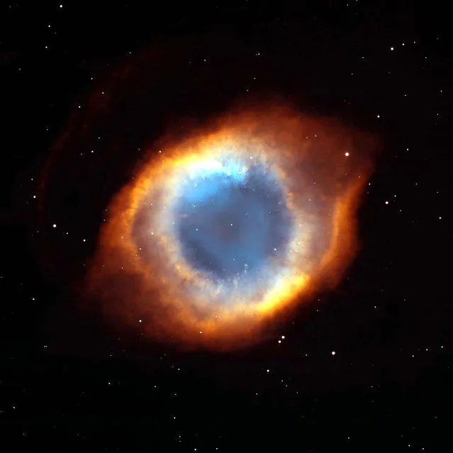 A coil-shaped Helix Nebula showing a fine web of filamentary “bicycle-spoke” features embedded in the colorful red and blue ring of gas. At 650 light-years away, the Helix is one of the nearest planetary nebulae to Earth. A planetary nebula is the glowing gas around a dying, Sun-like star. (Photo by Reuters/NASA)