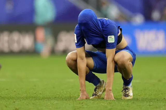 Thailand's Supachai Chaided is dejected at full time of the Asian Cup round of 16 soccer match between Uzbekistan and Thailand at Al Janoub Stadium in Al Wakrah, Qatar, Tuesday, January 30, 2024. Uzbekistan won 2-1. (Photo by Aijaz Rahi/AP Photo)
