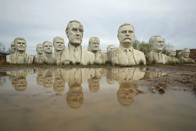 Standing nearly 20-feet-high, 43 U.S. Presidential busts rest on April 9, 2019 in Croaker, Virginia. (Photo by Patrick Smith/Getty Images)