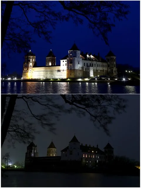 A combination photograph shows the lights of the Mir castle complex before (top) and after they were switched off for Earth Hour in the town of Mir, Belarus March 19, 2016. (Photo by Vasily Fedosenko/Reuters)