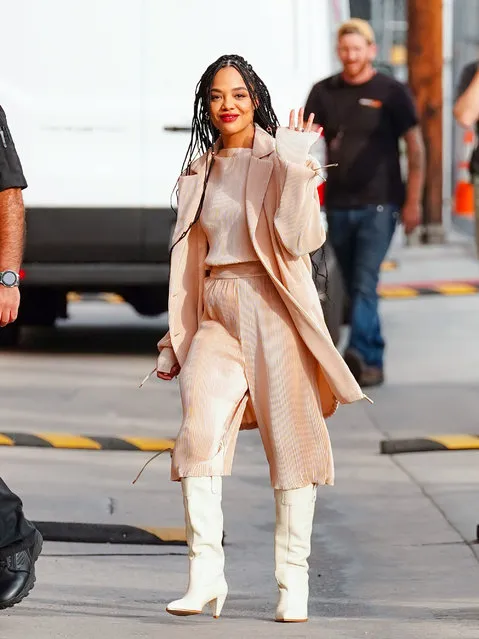 American actress Tessa Thompson is seen arriving at “Jimmy Kimmel Live” Show in Los Angeles, California on November 1, 2021. (Photo by JOCE/Bauergriffin.com/The Mega Agency)