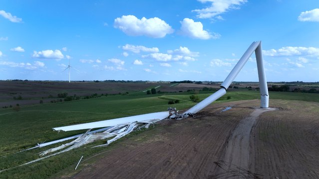 In an aerial view, a wind turbine lies toppled after tornadoes tore through the area yesterday on May 22, 2024 near Prescott, Iowa. (Photo by Scott Olson/Getty Images)