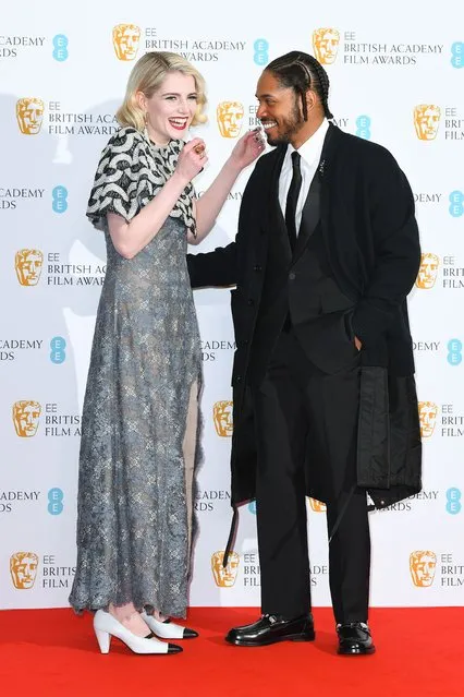British-American actress Lucy Boynton and American actor Kevin Harrison Jr pose in the winners room during the EE British Academy Film Awards 2022 at Royal Albert Hall on March 13, 2022 in London, England. (Photo by Joe Maher/Getty Images)