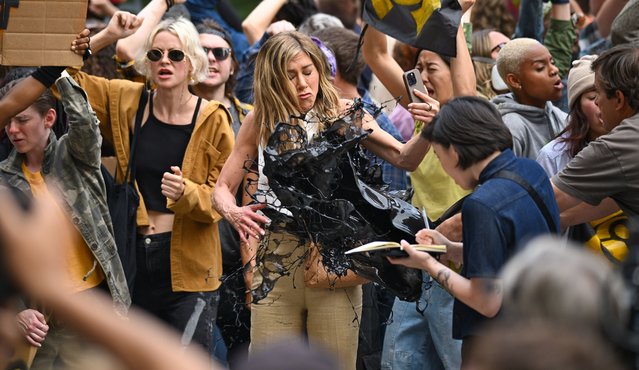 Actress Jennifer Aniston is seen filming on location for “The Morning Show” in the Flatiron District on July 28, 2024 in New York City. (Photo by James Devaney/GC Images)