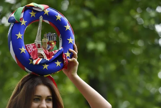 Britain Horse Racing, Royal Ascot, Ascot Racecourse on June 14, 2016. General view of a EU referendum themed hat. (Photo by Toby Melville/Reuters/Livepic)