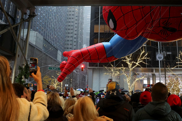 Spider-Man balloon flies during the 98th Macy's Thanksgiving Day Parade in New York City on November 28, 2024. (Photo by Brendan McDermid/Reuters)