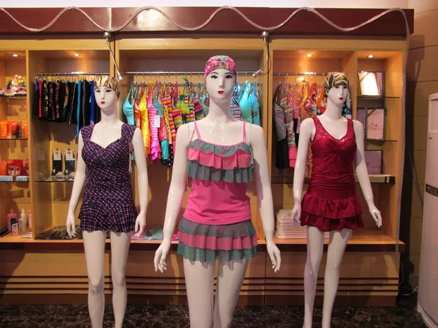 The latest swimwear fashion is seen in the store at the Munsu water park on August 31, 2014, but visiting journalists were the only people in there. (Photo by Anna Fifield/The Washington Post)