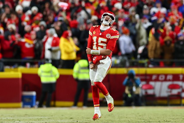 Kansas City Chiefs quarterback Patrick Mahomes celebrates during the Chiefs’ AFC Championship win over the Buffalo Bills on Sunday, January 26, 2025. (Photo by Aaron M. Sprecher/Getty Images)