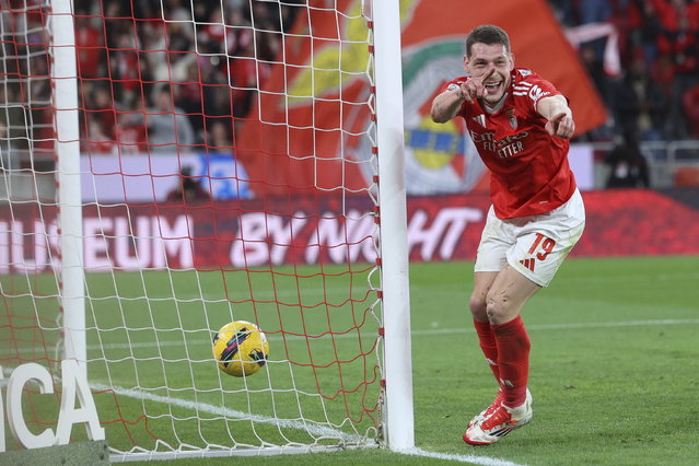 Benfica player Andrea Belotti celebrates after scoring the 1-0 opening goal during the Portuguese First League soccer match between SL Benfica and Boavista FC in Lisbon, Portugal, 22 February 2025. (Photo by Tiago Petinga/EPA)