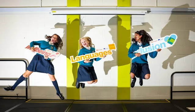 Elyssa, Lily Rose and Zara all aged 10 at St. Christopher’s Primary Schools in Ballsbridge, Dublin mark the launch of a Léargas report on the impact of Erasmus+ mobility projects on Irish schools on September 21, 2022. (Photo by Marc O’Sullivan/The Irish Times)