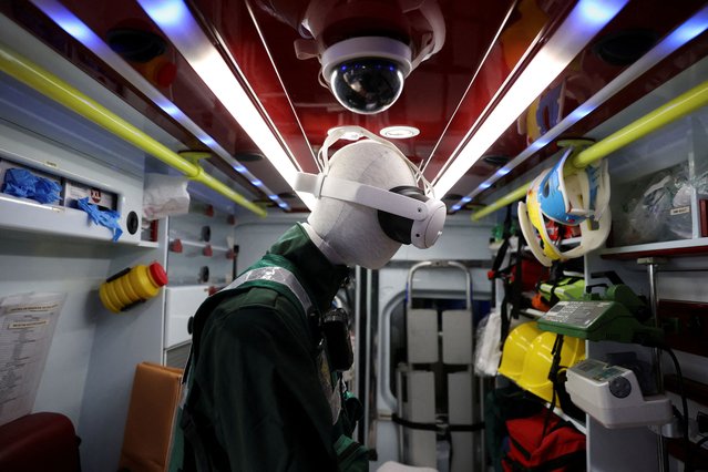 An ambulance with a headset, that helps doctors monitor and help patients from a distance, is showcased at the Mobile World Congress (MWC) in Barcelona, Spain on February 27, 2024. (Photo by Bruna Casas/Reuters)