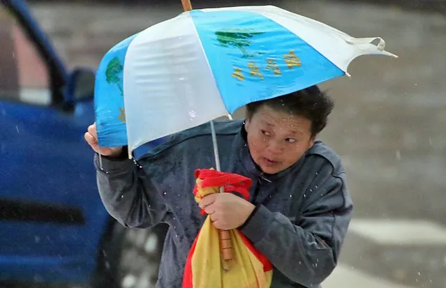 A person holds an umbrella while walking in the rain in Yantai, Shandong province, China, November 22, 2015. (Photo by Reuters/Stringer)