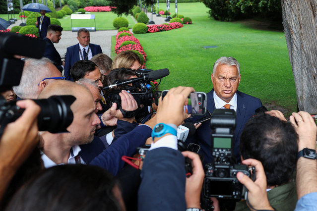 Hungarian Prime Minister Viktor Orban speaks to the media, as he attends the European House – Ambrosetti Forum, an annual conference that gathers business and political leaders at the end of the summer, in Cernobbio, Italy, on September 6, 2024. (Photo by Claudia Greco/Reuters)