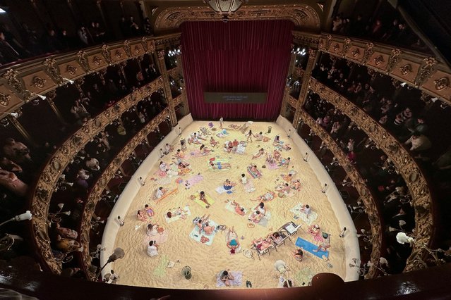 Actors perform during a general rehearsal for media of the Opera “Sun & Sea” at Colon Theatre in Bogota on March 20, 2025. (Photo by Carlos Ortega/EPA/EFE)