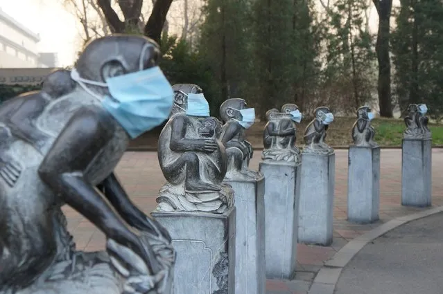 This photo taken on December 19, 2016 shows face masks on stone monkey statues in protest of the current heavy air pollution at Beijing Zoo in Beijing. Heavy smog suffocated northeast China for a fifth day on December 20, with hundreds of flights cancelled and road and rail transport grinding to a halt under the low visibility conditions. (Photo by AFP Photo/Stringer)