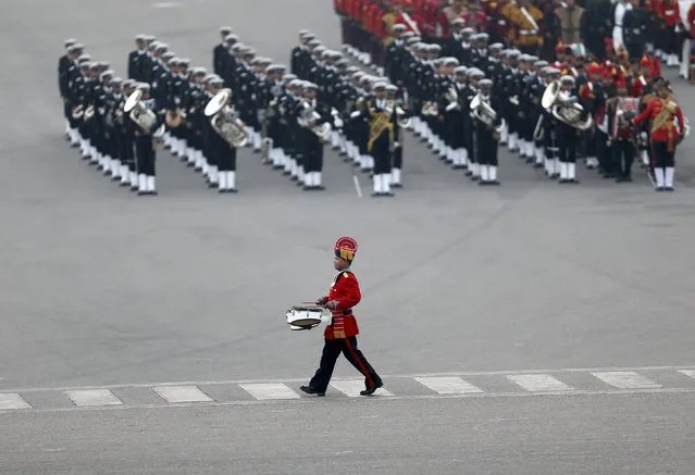 Members of the Indian military band take part during the full dress rehearsal for the “Beating the Retreat” ceremony in New Delhi, India, January 28, 2016. (Photo by Altaf Hussain/Reuters)