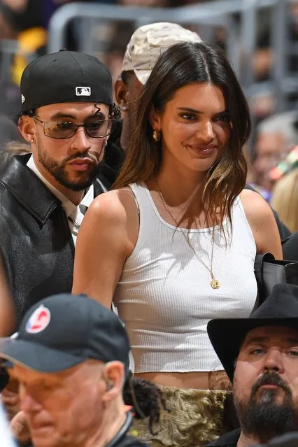 American model Kendall Jenner and Puerto Rican rapper Bad Bunny attend the game between the Golden State Warriors and Los Angeles Lakers during Game 6 of the Western Conference Semi-Finals 2023 NBA Playoffs on May 12, 2023 at Crypto.Com Arena in Los Angeles, California. (Photo by Andrew D. Bernstein/NBAE via Getty Images)