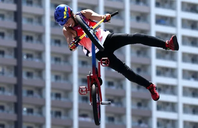 Daniel Dhers of Team Venezuela celebrates after his first run during the Men's Park Final of the BMX Freestyle on day nine of the Tokyo 2020 Olympic Games at Ariake Urban Sports Park on August 01, 2021 in Tokyo, Japan. (Photo by Christian Hartmann/Reuters)
