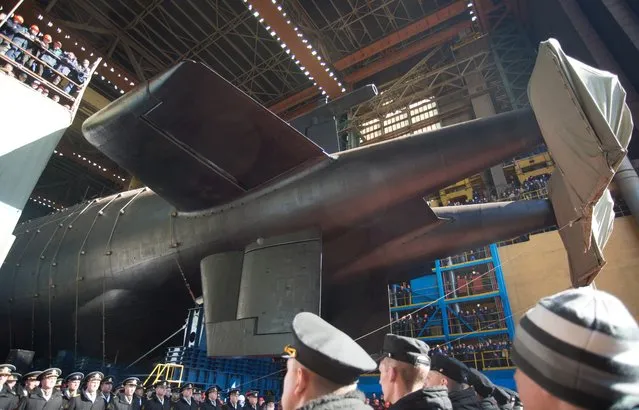 The Belgorod nuclear-powered submarine (Special Project 09852) that carries Poseidon strategic underwater drones during the launching ceremony in Severodvinsk, Russia on April 23, 2019. The Russian leader oversaw the planning and the launch of a new war machine which has been described by military insiders as a true “doomsday” weapon. Putin has boasted the sub's torpedoes can completely destroy coastal targets more than 6,000 miles away. (Photo by Oleg Kuleshov/TASS)
