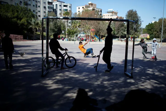 Palestinian Mustafa Sarhan, 19, and other members of Gaza Skating Team practice their rollerblading and skating skills in Gaza City March 10, 2019. (Photo by Mohammed Salem/Reuters)