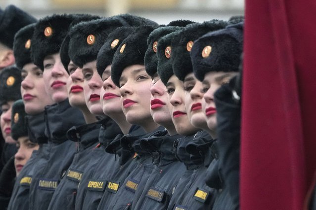 Russia's Emergency Situations Ministry servicewomen attend a rehearsal for the upcoming Victory Day military parade, in St. Petersburg, Russia, April 25, 2024. (Phoot by Dmitri Lovetsky/AP Photo)