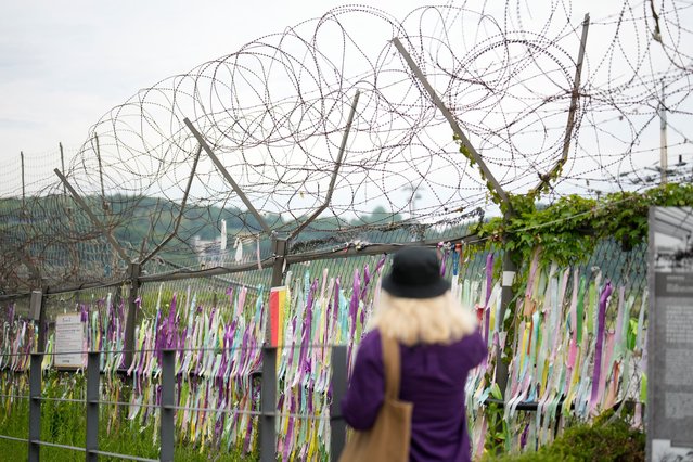A visitor tours near the ribbons with messages wishing for peace between the two Koreas are hanged on the wire fences at the Imjingak Pavilion in Paju, South Korea, Thursday, May 30, 2024. North Korea on Thursday fired a barrage of suspected ballistic missiles toward its eastern sea, according to South Korea's military, days after its attempt to launch a military reconnaissance satellite ended in failure but still drew strong condemnation from its rivals. (Photo by Lee Jin-man/AP Photo)