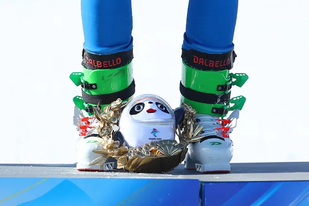 Detail of Bronze medallist Sergey Ridzik of Team ROC during the Men's Ski Cross flower ceremony on Day 14 of the Beijing 2022 Winter Olympics at Genting Snow Park on February 18, 2022 in Zhangjiakou, China. (Photo by Clive Rose/Getty Images)
