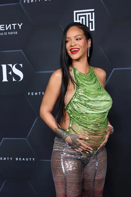 Barbadian singer Rihanna poses for a picture as she celebrates her beauty brands fenty beauty and fenty skin at Goya Studios on February 11, 2022 in Los Angeles, California. (Photo by Mike Coppola/Getty Images via AFP Photo)