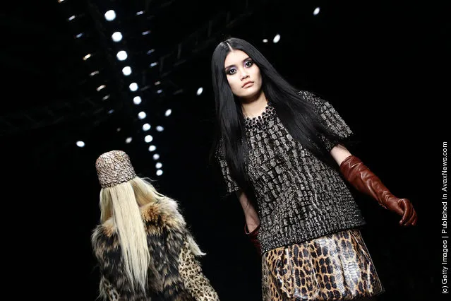 A model walks the runway at the Roberto Cavalli Autumn/Winter 2012/2013 fashion show as part of Milan Womenswear Fashion Week