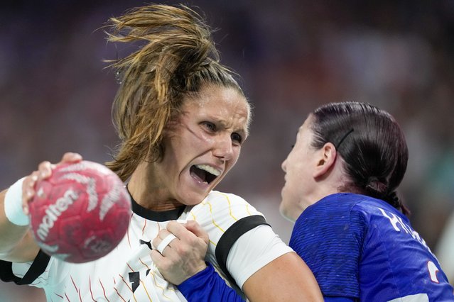 Germany's Xenia Smits is in action during a quarterfinal handball match between France and Germany at the 2024 Summer Olympics, Tuesday, August 6, 2024, in Villeneuve-d'Ascq, France. (Photo by Aaron Favila/AP Photo)