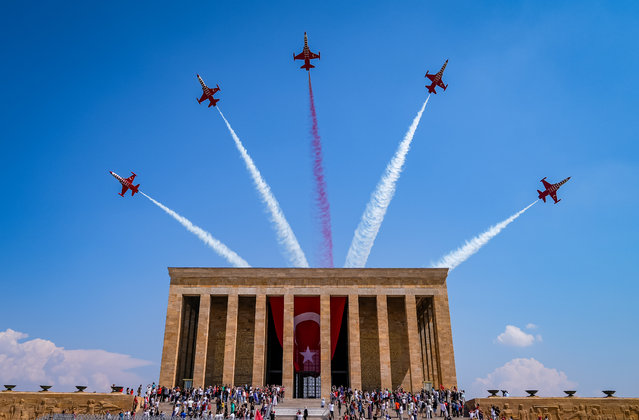 Turkish Stars, the acrobatic team of the Turkish Air Forces perform a flight around Anitkabir, the mausoleum of Turkish Republic's Founder Mustafa Kemal Ataturk, during the celebrations of 102nd anniversary of Victory Day and Turkish Armed Forces Day in Ankara, Turkiye on August 30, 2024. (Photo by Emin Sansar/Anadolu via Getty Images)