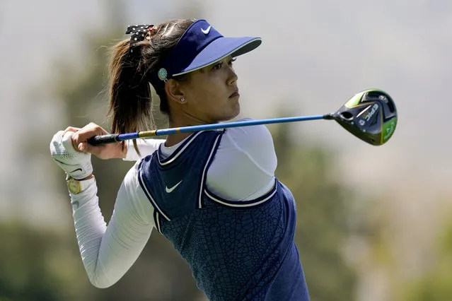 In this April 5, 2019, file photo, Michelle Wie watches her tee shot on the 118th hole during the second round of the LPGA Tour ANA Inspiration golf tournament at Mission Hills Country Club in Rancho Mirage, Calif. Wie is expecting her first child – a girl – this summer. The often-injured golfer announced the news Thursday, Jan. 9, 2020, on Instagram. She married Jonnie West, the son of NBA great Jerry West, in August. (Photo by Chris Carlson/AP Photo/File)
