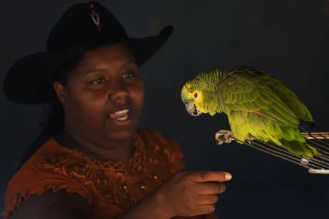 A reveler talks to a parrot in the culmination of the religious tradition, “Folia do Divino Espirito Santo” or Feast of the Divine, in the rural area of Pirenopolis, state of Goias, Brazil, Sunday, May 29, 2022. Celebrated in the period of Pentecost, Christian residents celebrate on what they believe is the coming of the Holy Spirit on the apostles of Jesus Christ. (Photo by Eraldo Peres/AP Photo)