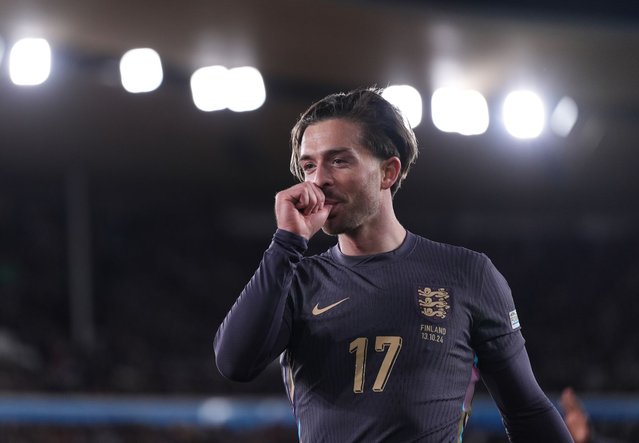 England's Jack Grealish celebrates scoring their side's first goal of the game during the UEFA Nations League Group B2 match at the Helsinki Olympic Stadium in Finland on Sunday, October 13, 2024. (Photo by Bradley Collyer/PA Images via Getty Images)