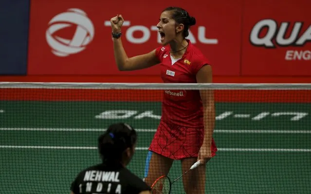 Spain's Carolina Marin reacts during her women's finals badminton match against India's Saina Nehwal at the BWF World Championships in Jakarta, August 16, 2015. (Photo by Reuters/Beawiharta)