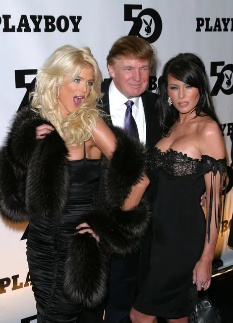Victoria Silvsted, Donald Trump and Melania Knauss. Attending a party for the 50th anniversary of Playboy on December 4, 2003. (Photo by James Devaney/WireImage)