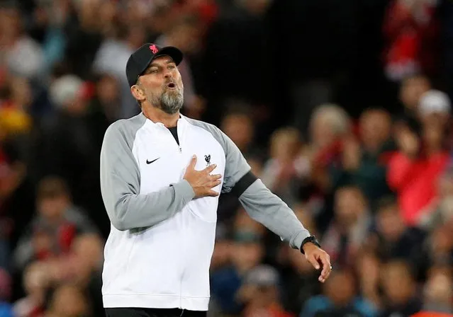 Jurgen Klopp manager of Liverpool reacts after the UEFA Champions League group A match between Liverpool FC and AFC Ajax at Anfield on September 13, 2022 in Liverpool, United Kingdom. (Photo by Craig Brough/Reuters)