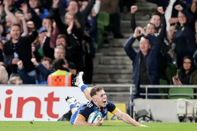 Leinster's Rob Russell scores a try against Munster in the BKT United Rugby Championship, at the Aviva Stadium in Dublin on Saturday, October 22, 2022. (Photo by Laszio Geczo/Inpho)