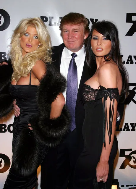 (L-R) Playmate Victoria Silvstedt, Donald Trump and Melania Knauss at the Playboy 50th Anniversary celebration December 4, 2003 in New York City. (Photo by Peter Kramer/Getty Images)