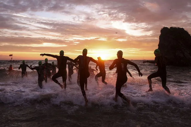 The professional men enter the water as they begin the race by starting with the swim leg first during the IRONMAN Wales on September 11, 2022 in Tenby, Wales. (Photo by Charlie Crowhurst/Getty Images for IRONMAN)