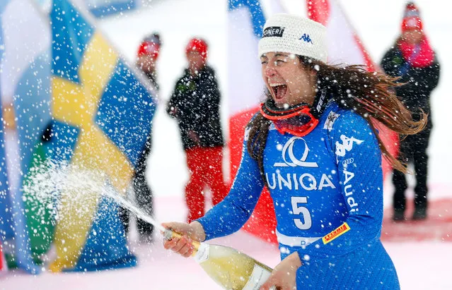 Sofia Goggia of Italy celebrates her win during the Women's Downhill at Bad Kleinkirchheim, Austria, January 14, 2018. (Photo by Leonhard Foeger/Reuters)