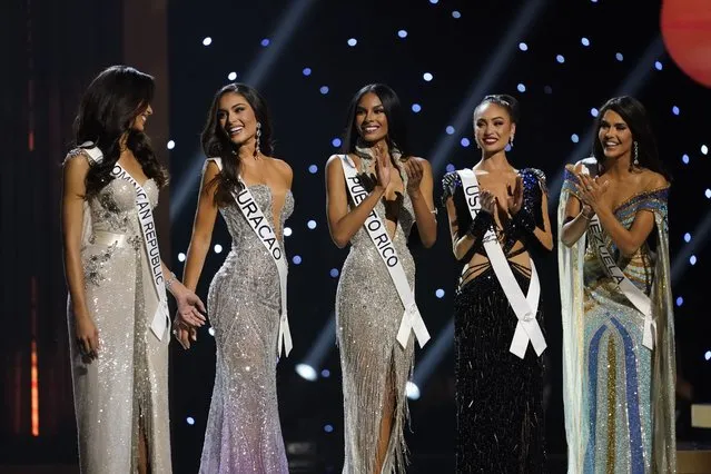 The final five contestants are announced during the final round of the 71st Miss Universe Beauty Pageant in New Orleans, Saturday, January 14, 2023. Left to right are Miss Dominican Republic Andreina Martinez, Miss Curacao Gabriela Dos Santos, Miss Puerto Rico Ashley Carino, Miss USA R'Bonney Gabriel and Miss Venezuela Amanda Dudamel. (Photo by Gerald Herbert/AP Photo)