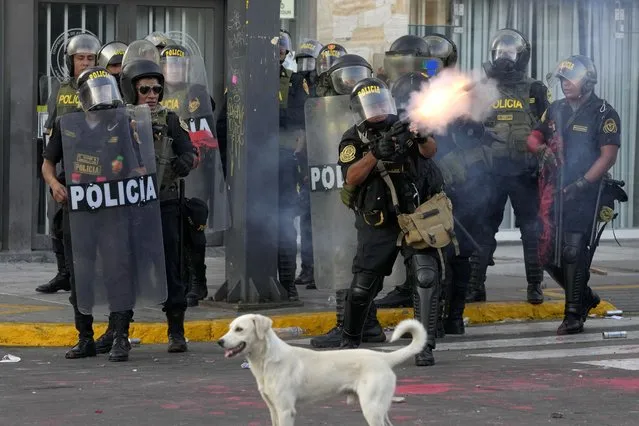 Police fire tear gas at anti-government protesters in Lima, Peru, Tuesday, January 24, 2023. (Photo by Martin Mejia/AP Photo)