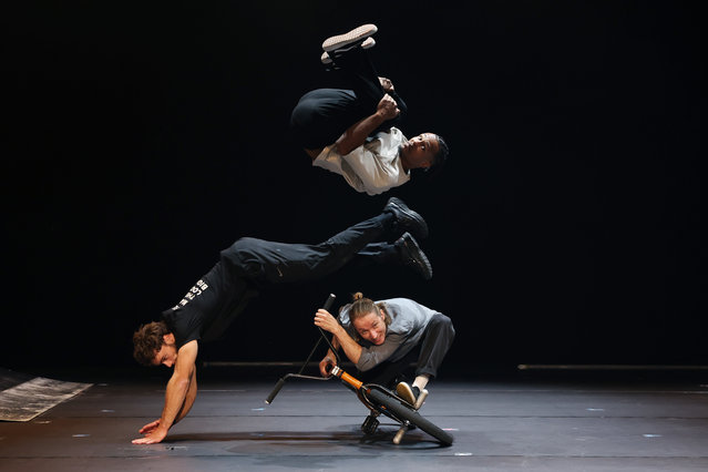 Liziano Ostiana (top-freerunning), Siebe van de Spijker (left -freerunning) and Dez Maarsen (bottom- BMX flatland) perform during the "Elements Of Freestyle" By ISH Dance Collective – Media Preview at Sydney Opera House on June 25, 2025 in Sydney, Australia. (Photo by Don Arnold/WireImage)