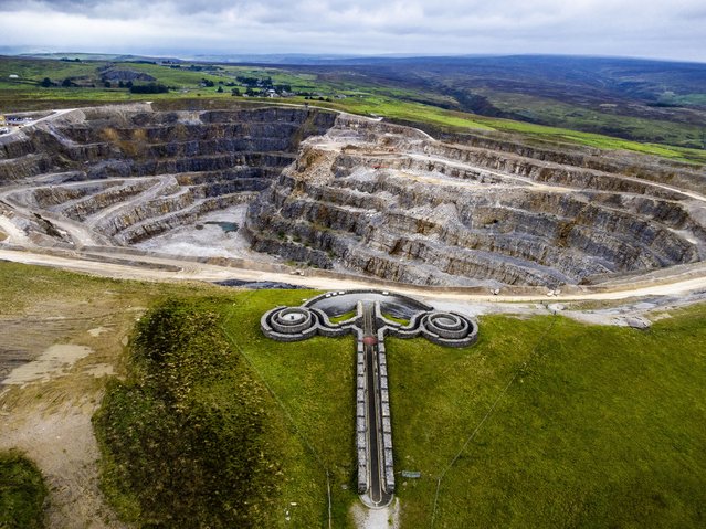 An aerial view on September 19, 2025 of Coldstones Cut, the celebrated landscape artwork near Pateley Bridge, created by sculptor Andrew Sabin. It is the highest public artwork in the UK and developed as a cultural response to the quarry. (Photo by James Glossop/The Times)