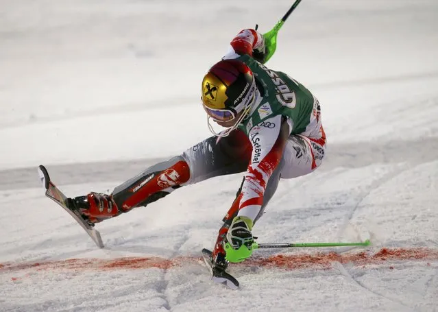 Marcel Hirscher of Austria slides into the finish area after his slalom run in the men's Alpine Skiing World Cup super combined race in Kitzbuehel January 23, 2015. (Photo by Leonhard Foeger/Reuters)