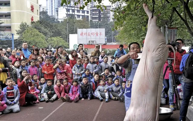 Teachers and students react as a butcher (front) cuts the carcass of a pig during a presentation aiming to teach students traditional culture, on the playground of a primary school in Chongqing, China, December 24, 2015. The Chinese characters behind read, “My beautiful childhood”. (Photo by Reuters/Stringer)