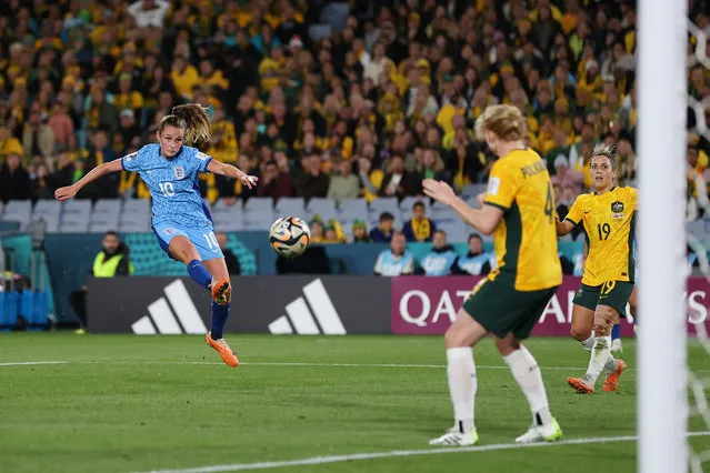 Ella Toone of England scores her team's first goal during the FIFA Women's World Cup Australia & New Zealand 2023 Semi Final match between Australia and England at Stadium Australia on August 16, 2023 in Sydney, Australia. (Photo by Brendon Thorne/Getty Images)