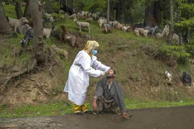 A Kashmiri doctor in protective suit takes a nasal swab sample of a nomad to test for COVID-19 in Budgam  southwest of Srinagar, Indian controlled Kashmir, Tuesday, May 18, 2021. India’s total virus cases since the pandemic began swept past 25 million on Tuesday as the country registered more than 260,000 new cases and a record 4,329 fatalities in the past 24 hours. (Photo by Dar Yasin/AP Photo)